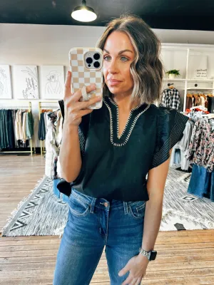 Taupe Trim Flutter Sleeve Top