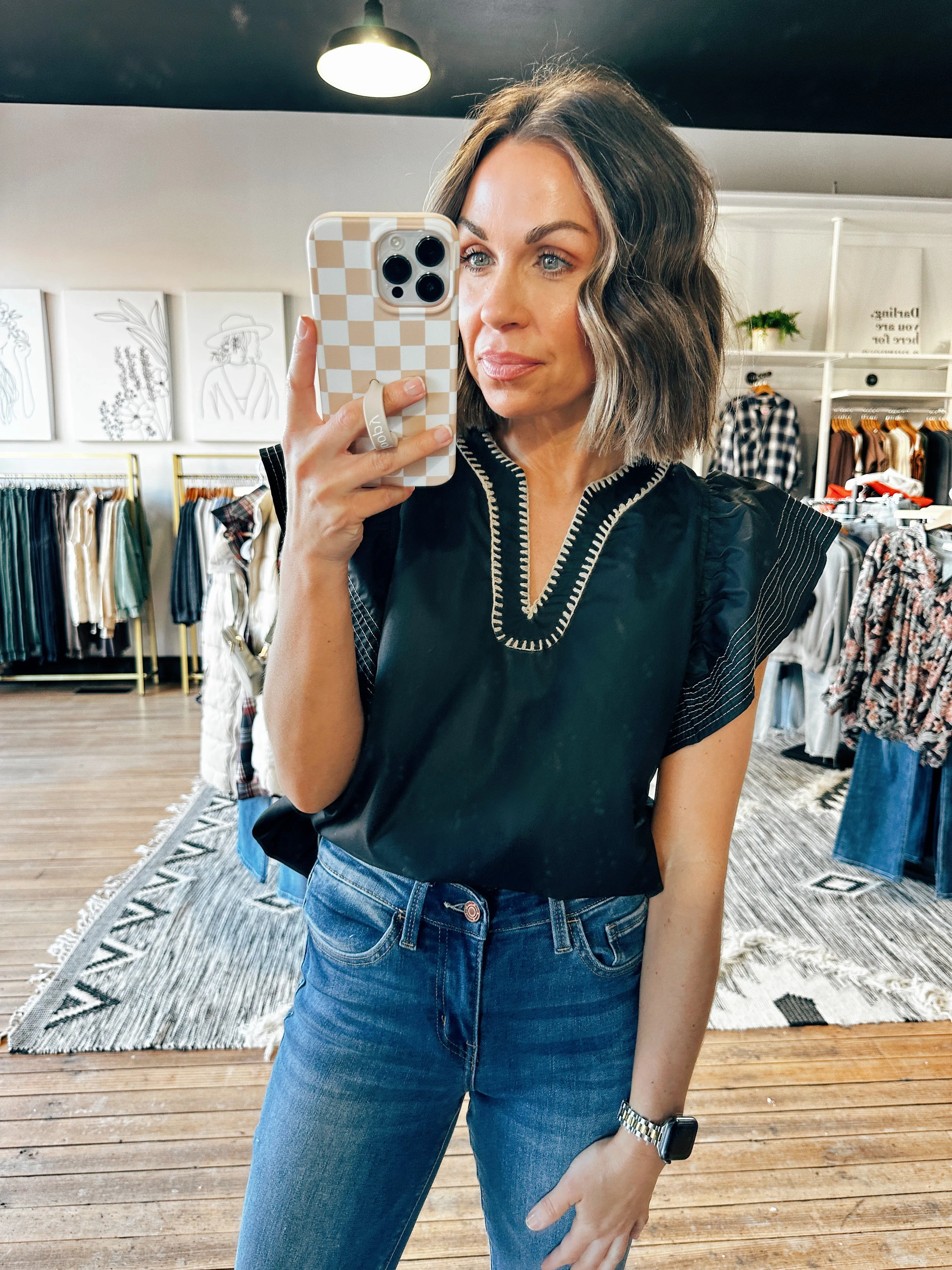 Taupe Trim Flutter Sleeve Top
