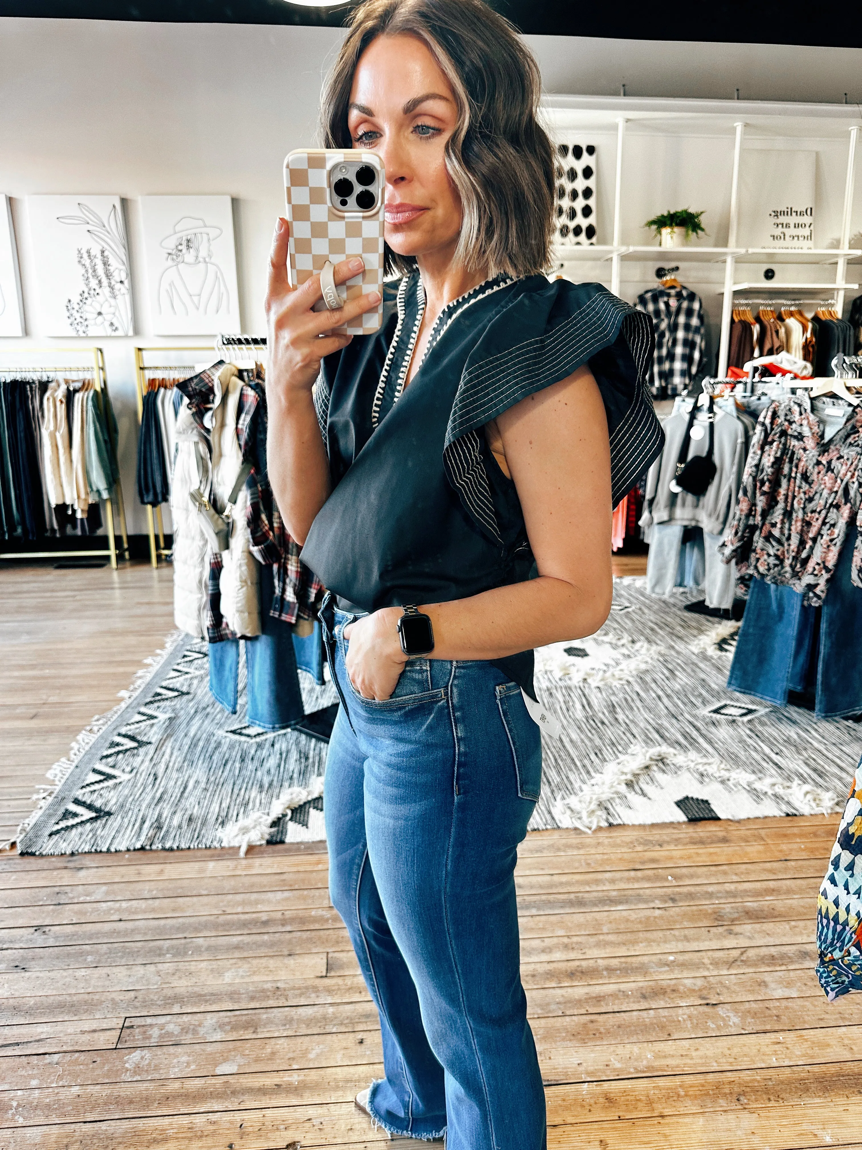 Taupe Trim Flutter Sleeve Top