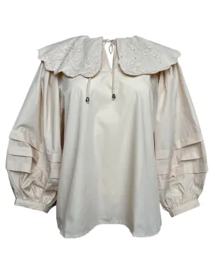 V-Neck 3/4 Sleeve Pullover Woven Top - Ecru