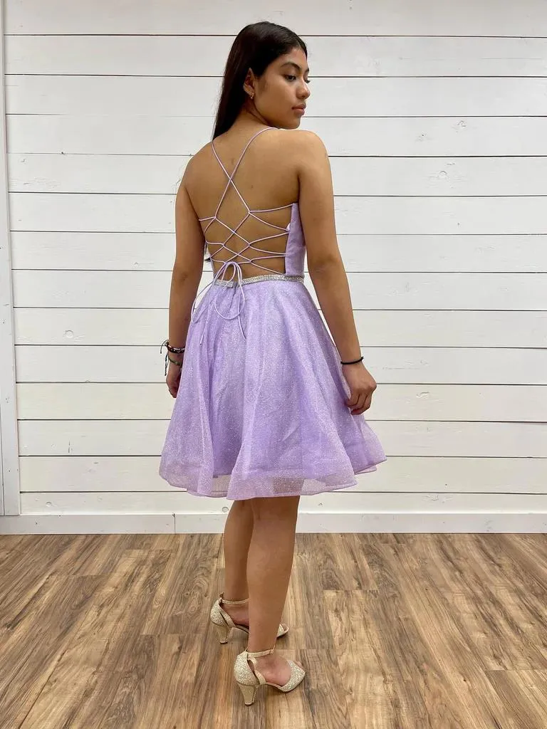 V Neck Backless Purple Tulle Prom Dresses with Belt, Backless Purple Homecoming Dresses, Short Lilac Formal Evening Dresses