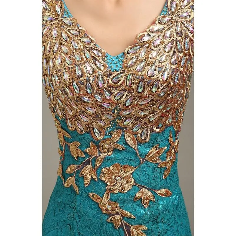 V-Neck Beaded Long With Applique Gown Mermaid Evening Dress