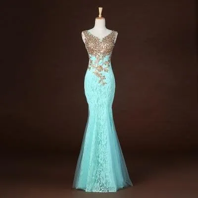 V-Neck Beaded Long With Applique Gown Mermaid Evening Dress