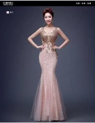 V-Neck Beaded Long With Applique Gown Mermaid Evening Dress
