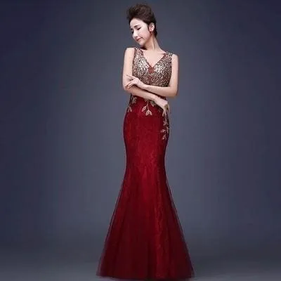 V-Neck Beaded Long With Applique Gown Mermaid Evening Dress