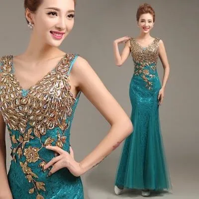 V-Neck Beaded Long With Applique Gown Mermaid Evening Dress