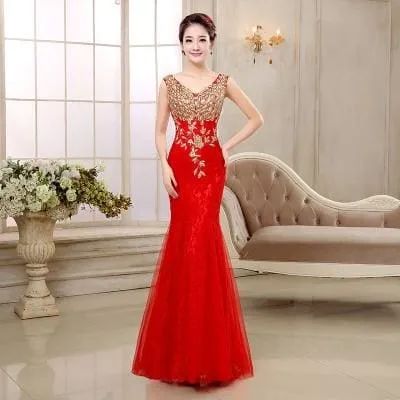 V-Neck Beaded Long With Applique Gown Mermaid Evening Dress