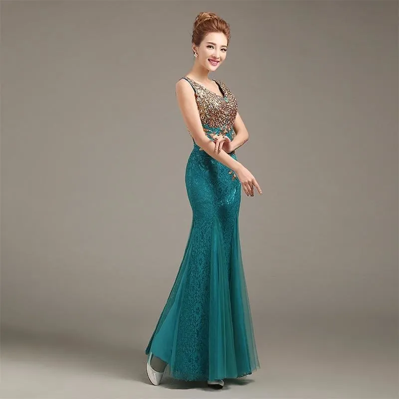 V-Neck Beaded Long With Applique Gown Mermaid Evening Dress