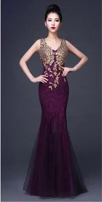 V-Neck Beaded Long With Applique Gown Mermaid Evening Dress