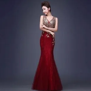 V-Neck Beaded Long With Applique Gown Mermaid Evening Dress