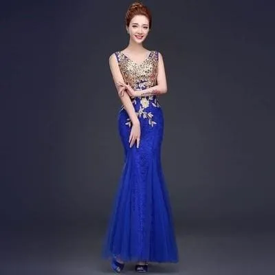 V-Neck Beaded Long With Applique Gown Mermaid Evening Dress