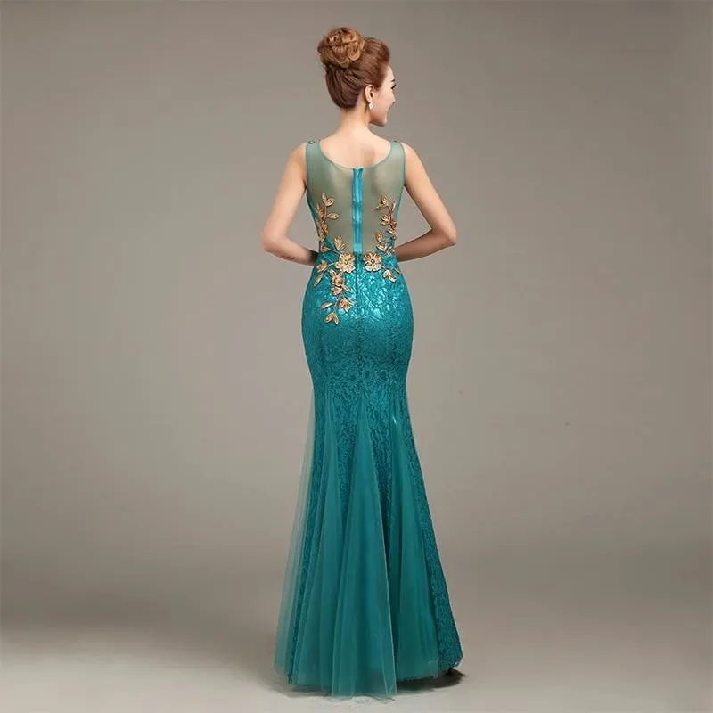V-Neck Beaded Long With Applique Gown Mermaid Evening Dress