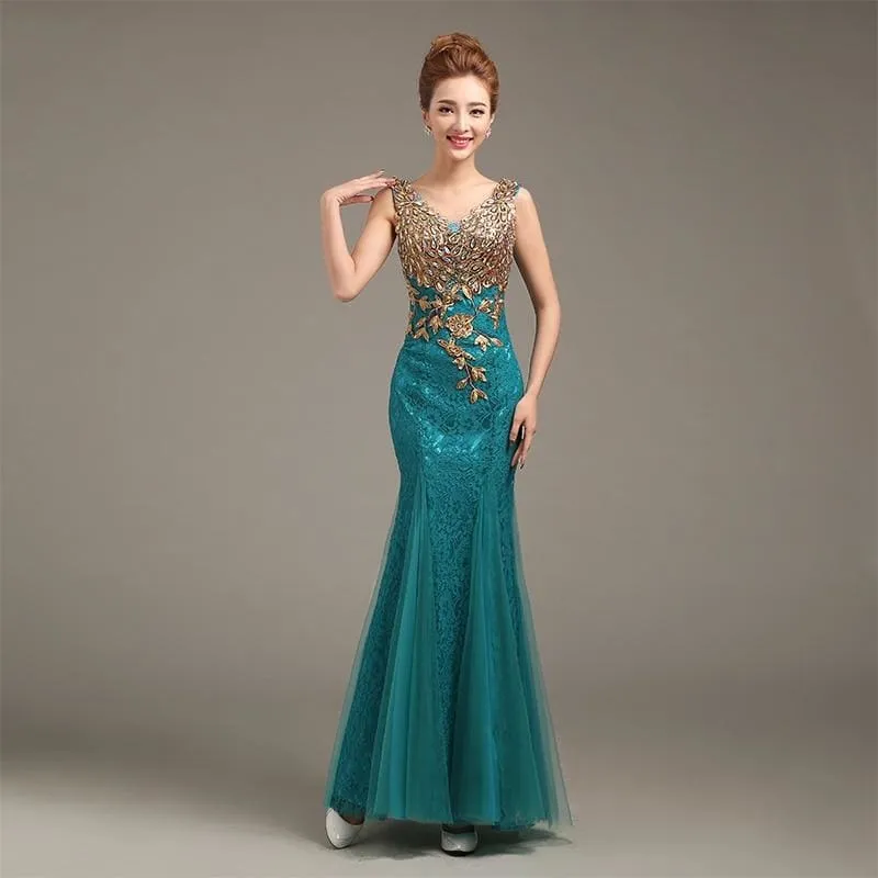 V-Neck Beaded Long With Applique Gown Mermaid Evening Dress