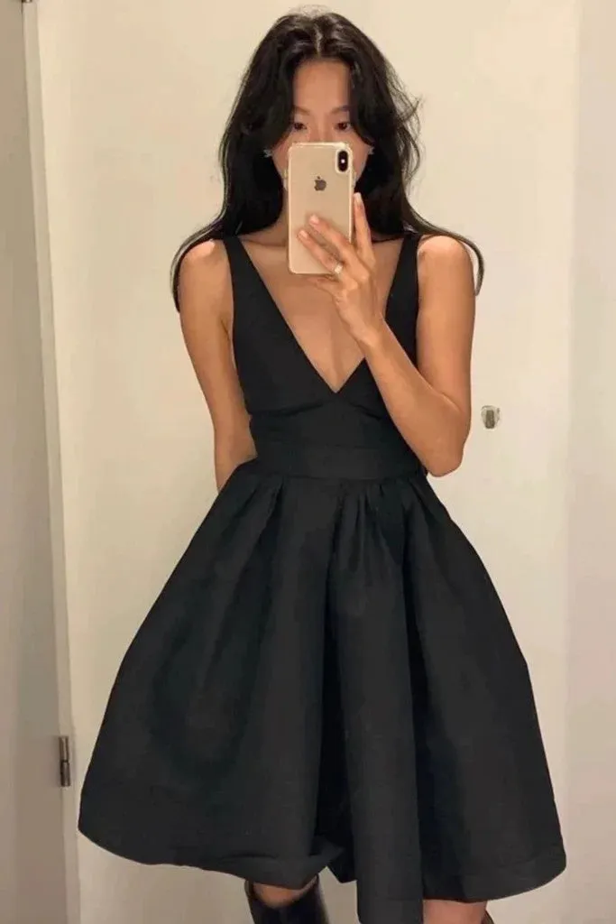V Neck Black Backless Satin Short Prom Dresses, Open Back V Neck Short Black Formal Evening Homecoming Graduation Dresses