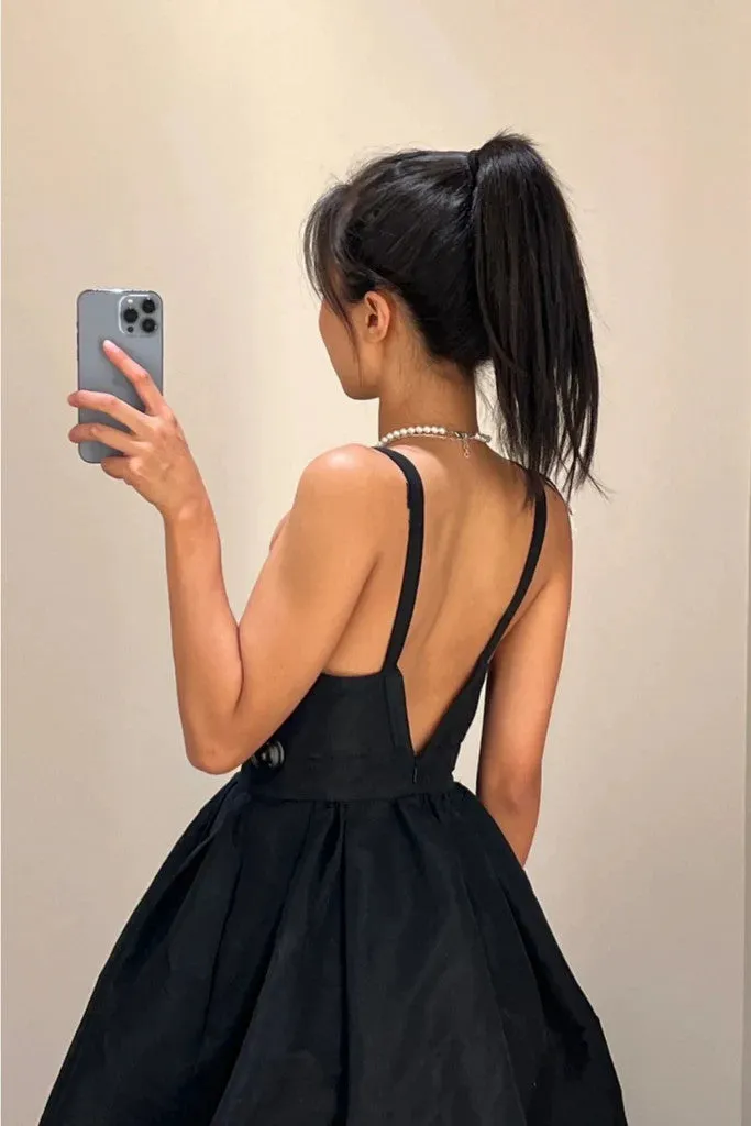 V Neck Black Backless Satin Short Prom Dresses, Open Back V Neck Short Black Formal Evening Homecoming Graduation Dresses