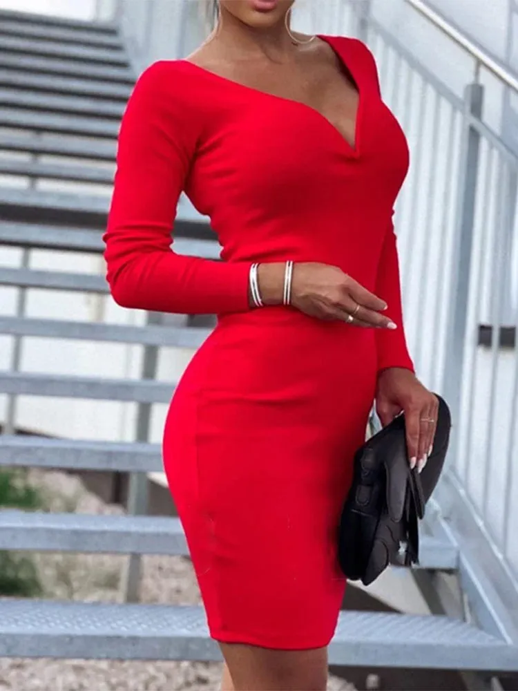V Neck Bodycon Midi Dress