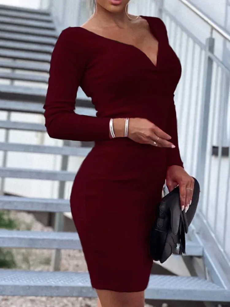 V Neck Bodycon Midi Dress
