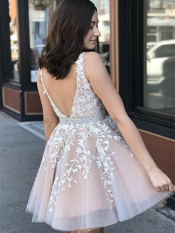 V Neck Champagne Lace Short Prom Dresses, Short Champagne Lace Formal Evening Homecoming Dresses