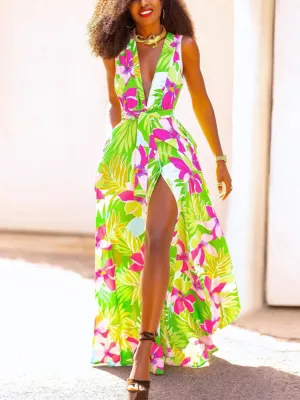 V Neck Floral Slit Dress