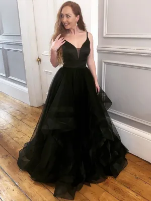 V Neck Fluffy Black Tulle Long Prom Dresses, Black Formal Evening Dresses, Ball Gown