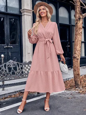 V-neck Lace Maxi Dress with Tiered Skirt and Textured Fabric