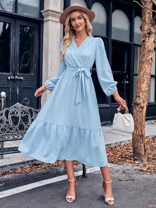 V-neck Lace Maxi Dress with Tiered Skirt and Textured Fabric