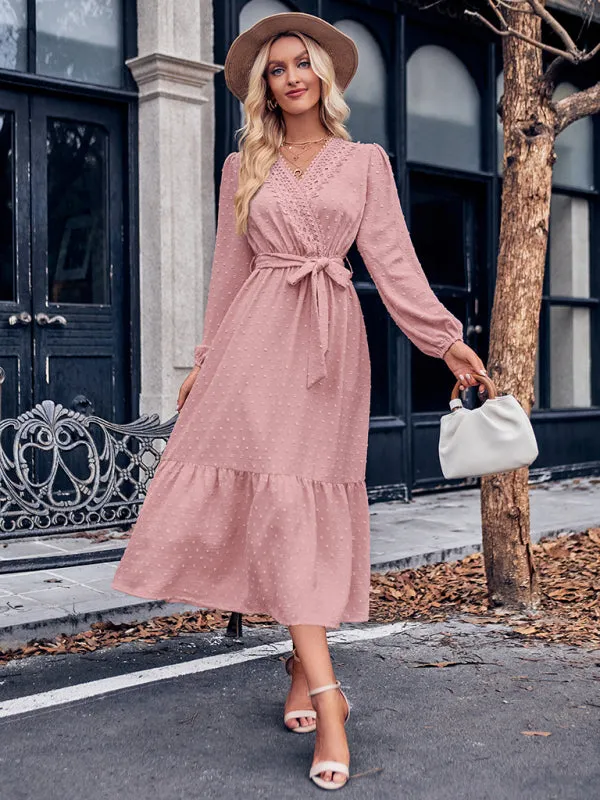V-neck Lace Maxi Dress with Tiered Skirt and Textured Fabric