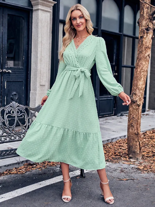 V-neck Lace Maxi Dress with Tiered Skirt and Textured Fabric