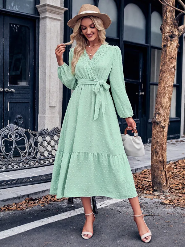 V-neck Lace Maxi Dress with Tiered Skirt and Textured Fabric