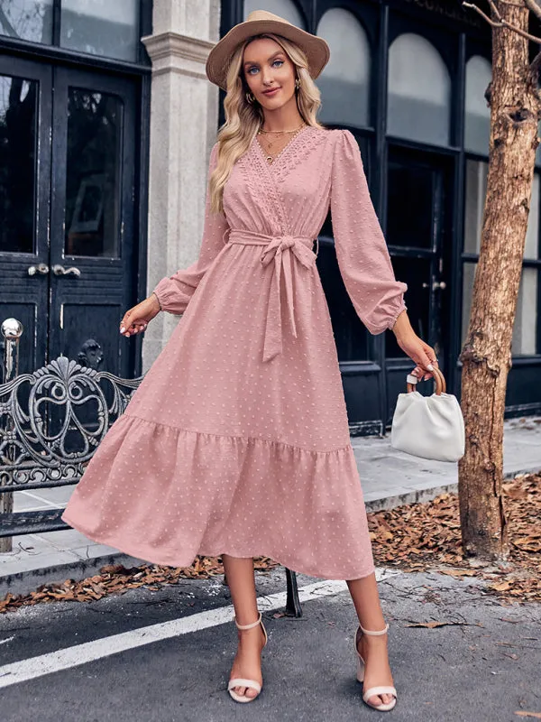 V-neck Lace Maxi Dress with Tiered Skirt and Textured Fabric