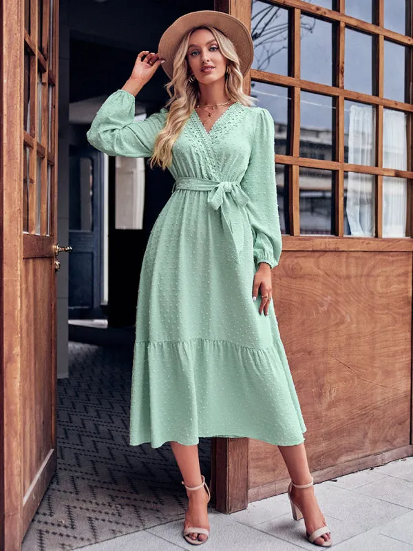 V-neck Lace Maxi Dress with Tiered Skirt and Textured Fabric