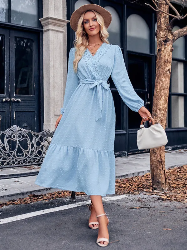 V-neck Lace Maxi Dress with Tiered Skirt and Textured Fabric