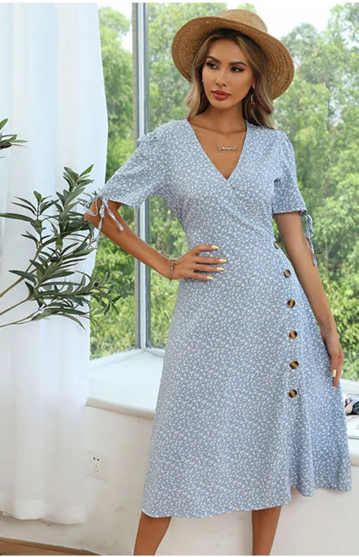 V-Neck Midi Dress with Floral Print and Puff Sleeves