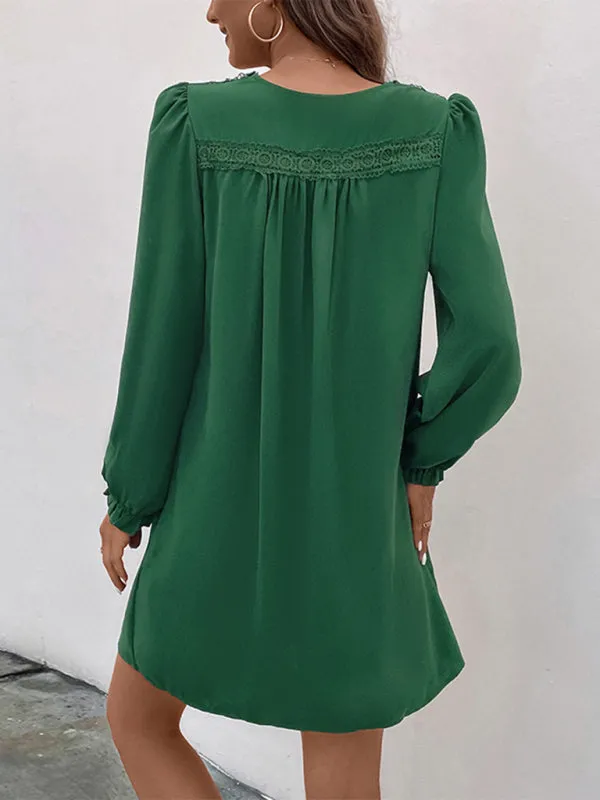 V-neck Mini Dress with Smocked Long Sleeves and Pleated Front