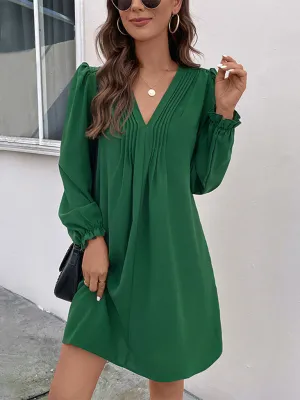 V-neck Mini Dress with Smocked Long Sleeves and Pleated Front