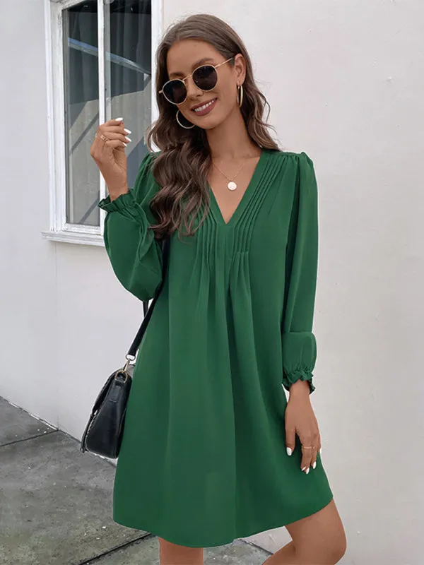 V-neck Mini Dress with Smocked Long Sleeves and Pleated Front