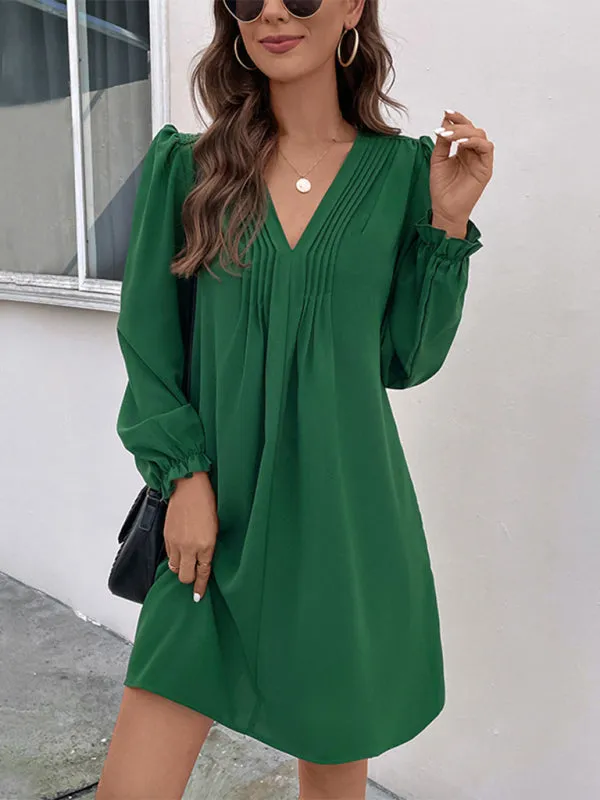 V-neck Mini Dress with Smocked Long Sleeves and Pleated Front