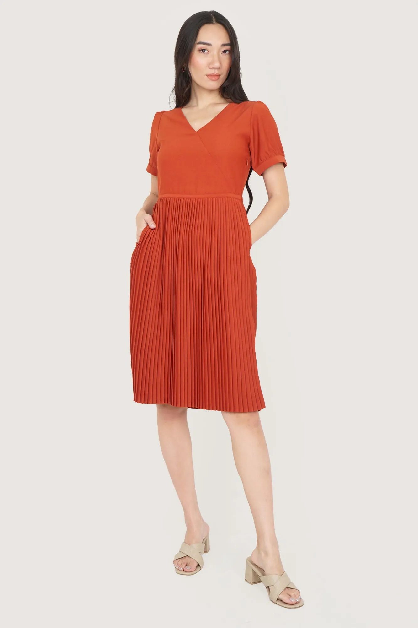 V-Neck Pleated Dress