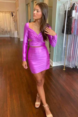 V-Neck Pleated Two Piece Short Dresses with Long Sleeves