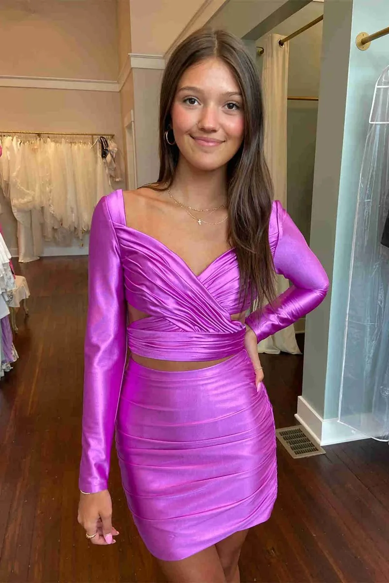 V-Neck Pleated Two Piece Short Dresses with Long Sleeves