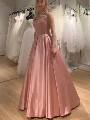 V Neck Princess Pink Satin Long Prom Dress, V Neck Pink Formal Graduation Evening Dress
