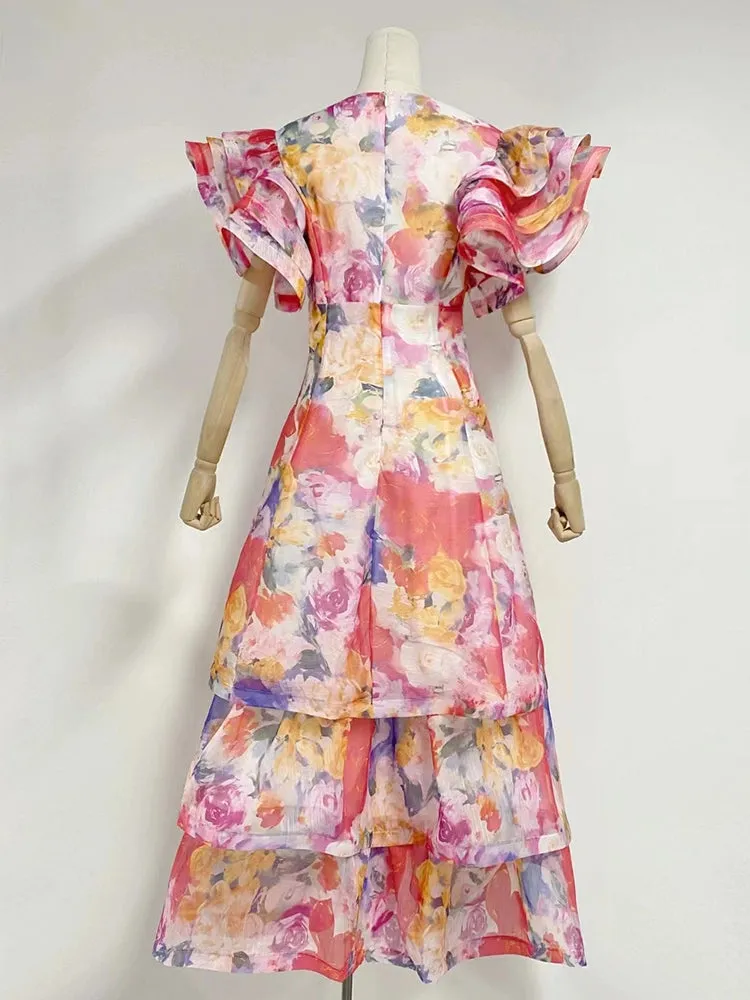 V Neck Printed Cake Multi-layer Maxi Dresses