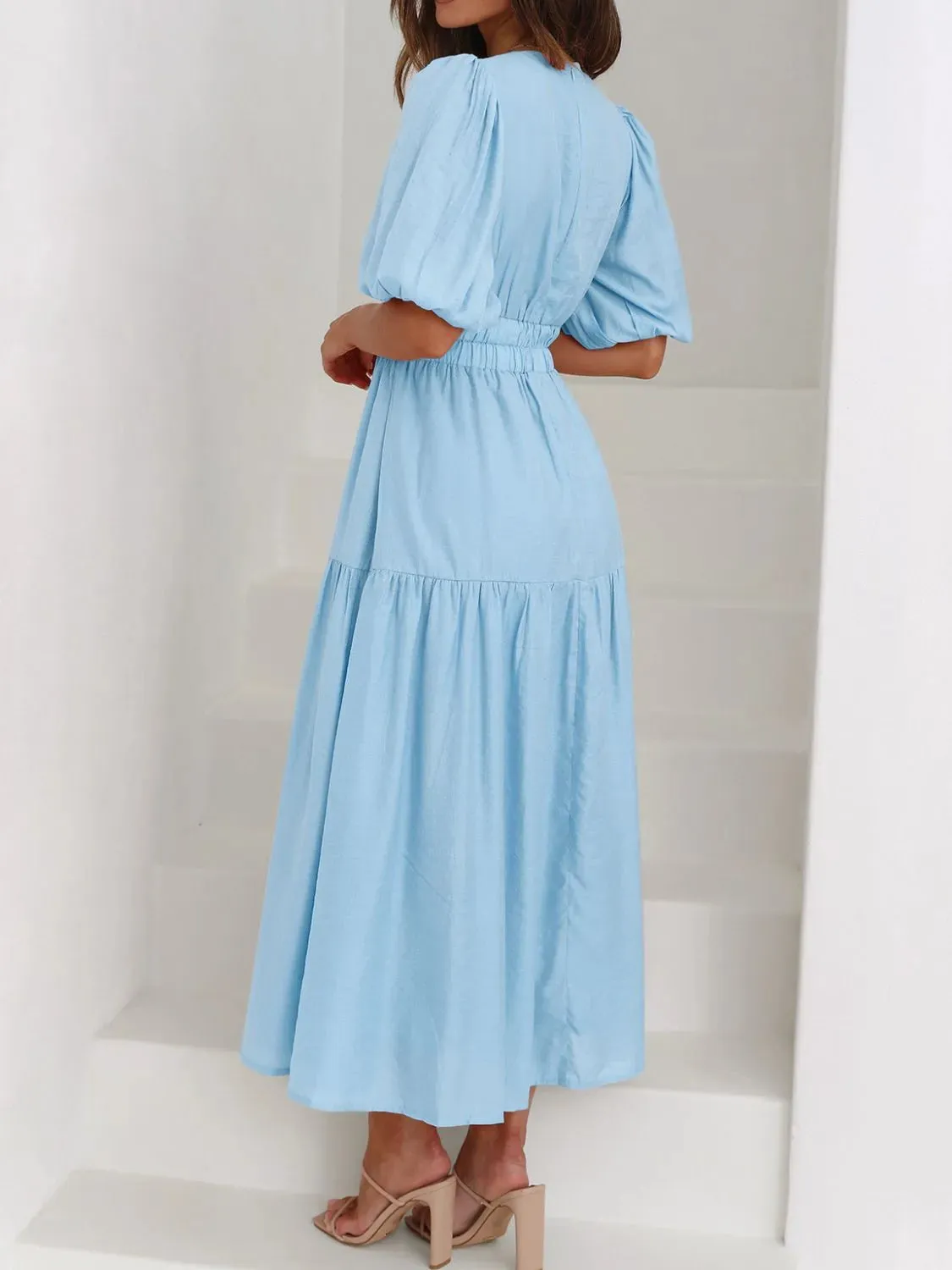 V-Neck Puff Sleeve Midi Dress