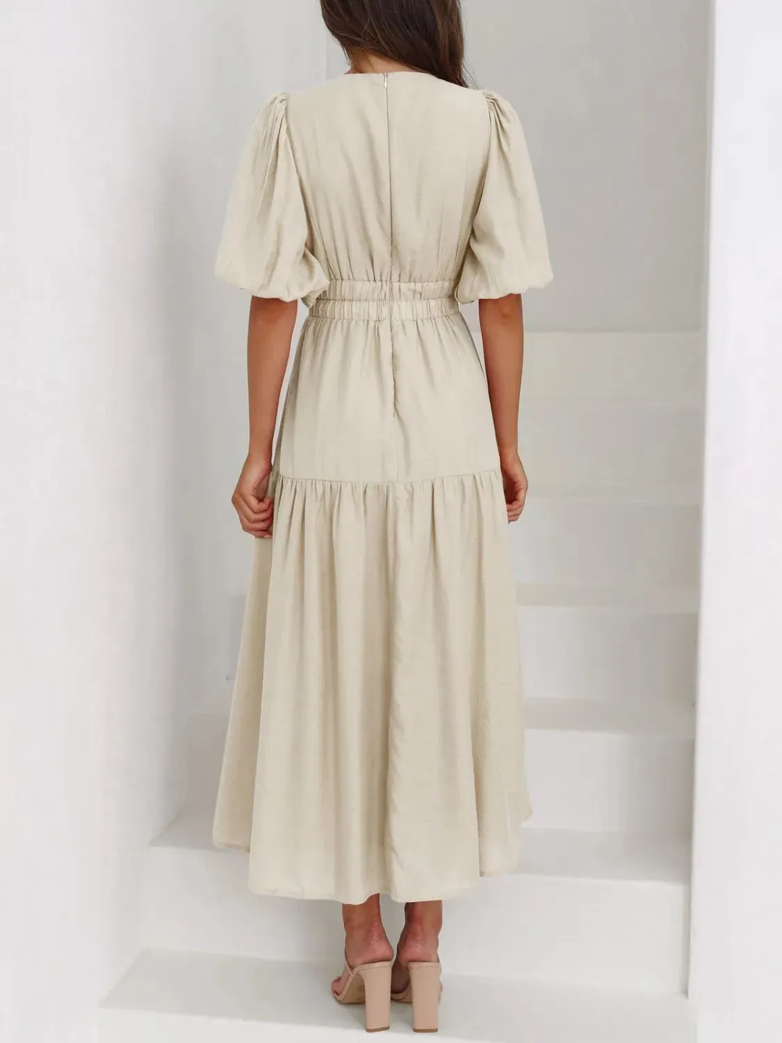 V-Neck Puff Sleeve Midi Dress