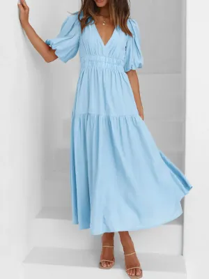 V-Neck Puff Sleeve Midi Dress