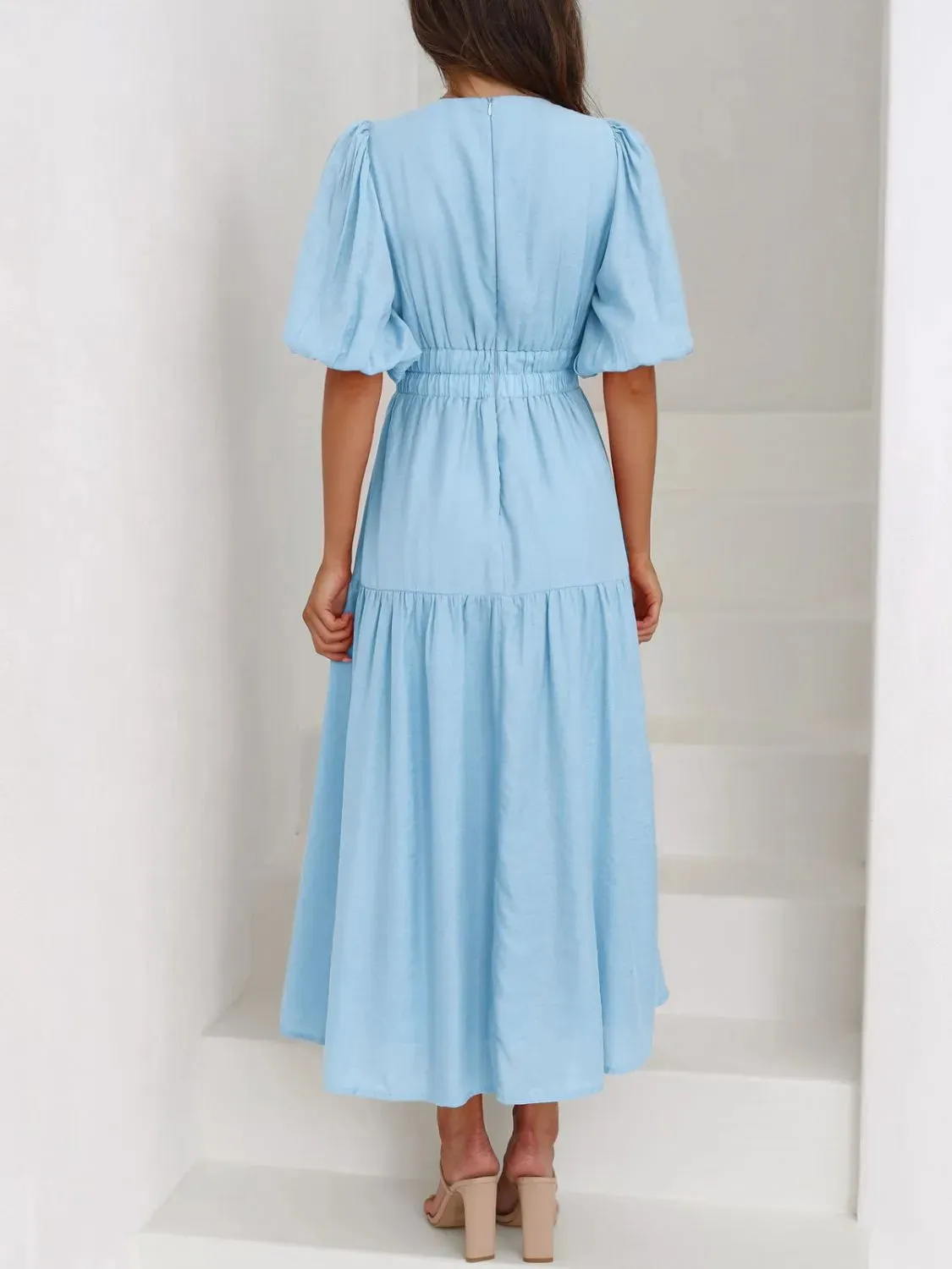 V-Neck Puff Sleeve Midi Dress