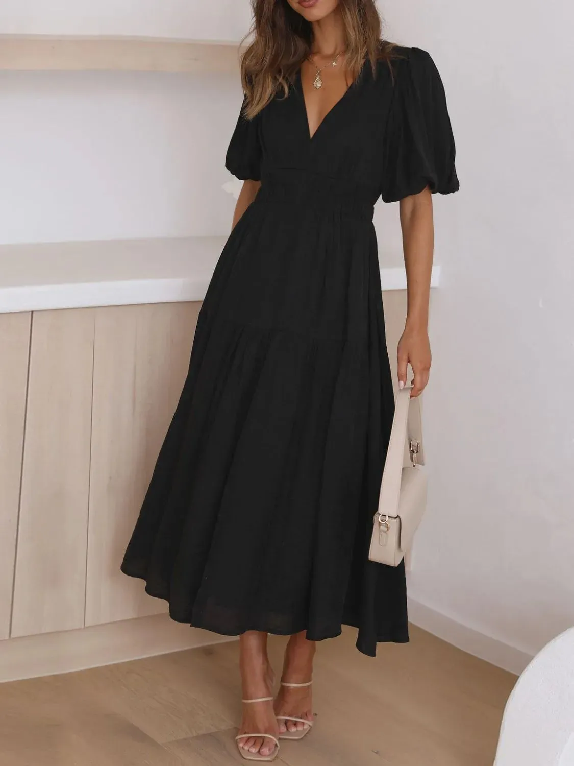 V-Neck Puff Sleeve Midi Dress