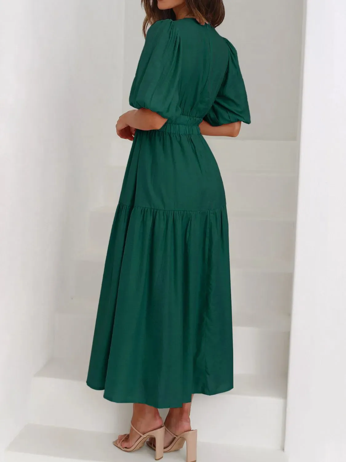 V-Neck Puff Sleeve Midi Dress