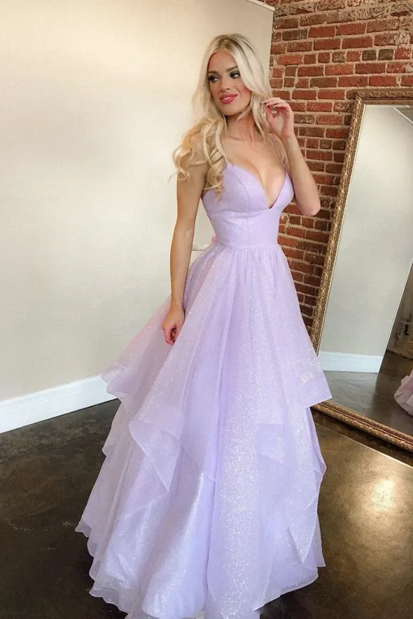 V Neck Purple Tulle Long Prom Dresses, V Neck Purple Tulle Long Formal Evening Dresses