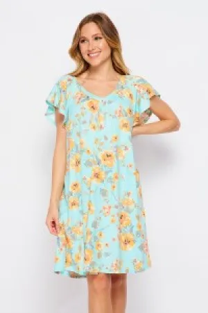 V NECK SWING DRESS W RUFFLE SLEEVE